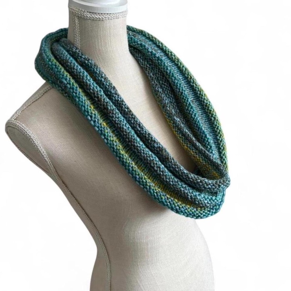 Pretty Green And Multicolor Striped Knit Infinity Scarf Made in New Hampshire.